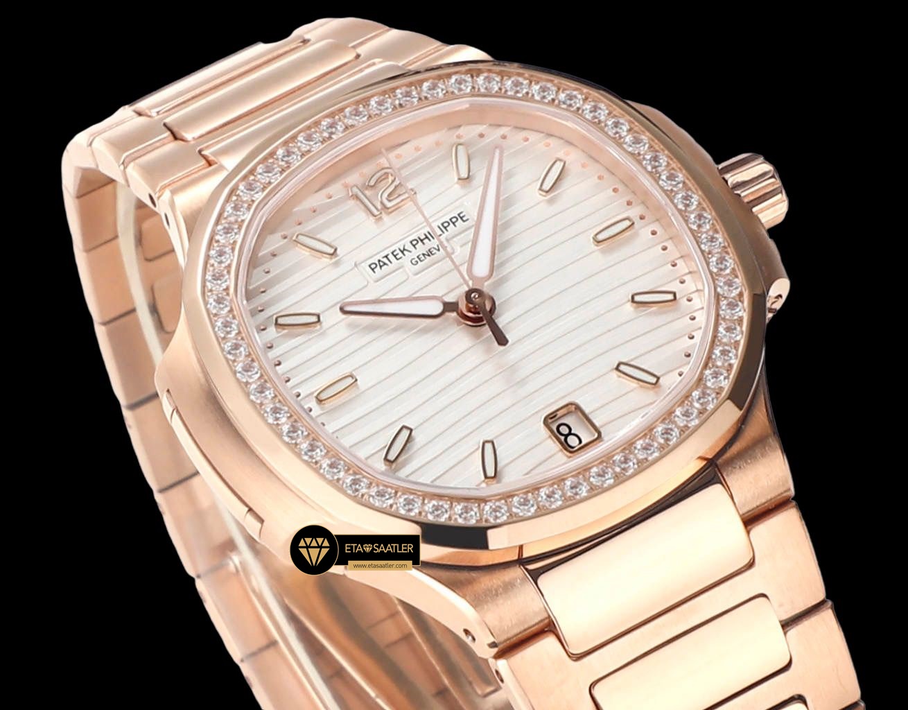 Patek Philippe 7118 Nautilus 35mm Rose Kasa Full Taş Bezel ETA (3) Patek Philippe 7118 Nautilus 35mm Rose Kasa Full Taş Bezel ETA