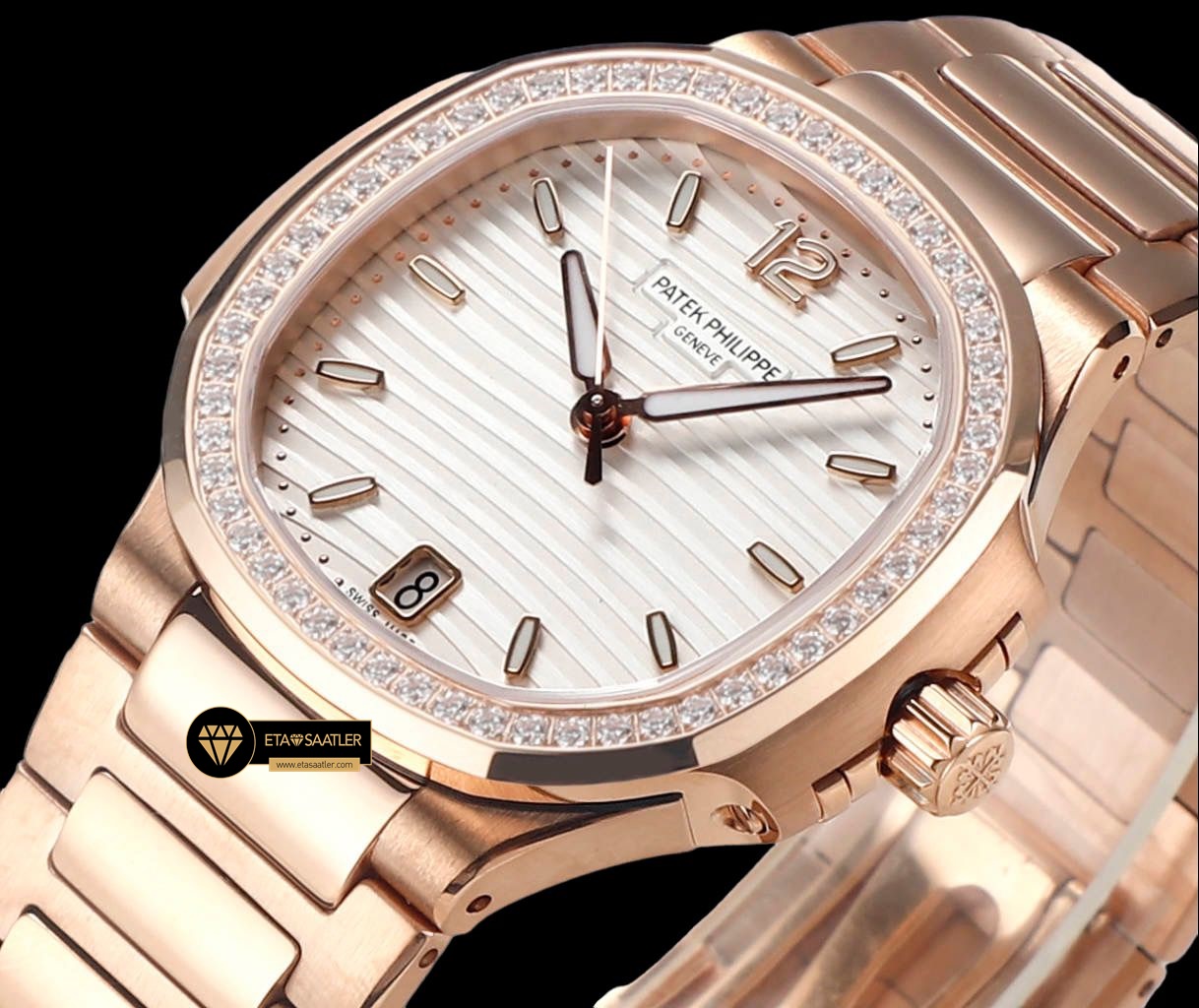 Patek Philippe 7118 Nautilus 35mm Rose Kasa Full Taş Bezel ETA (6) Patek Philippe 7118 Nautilus 35mm Rose Kasa Full Taş Bezel ETA