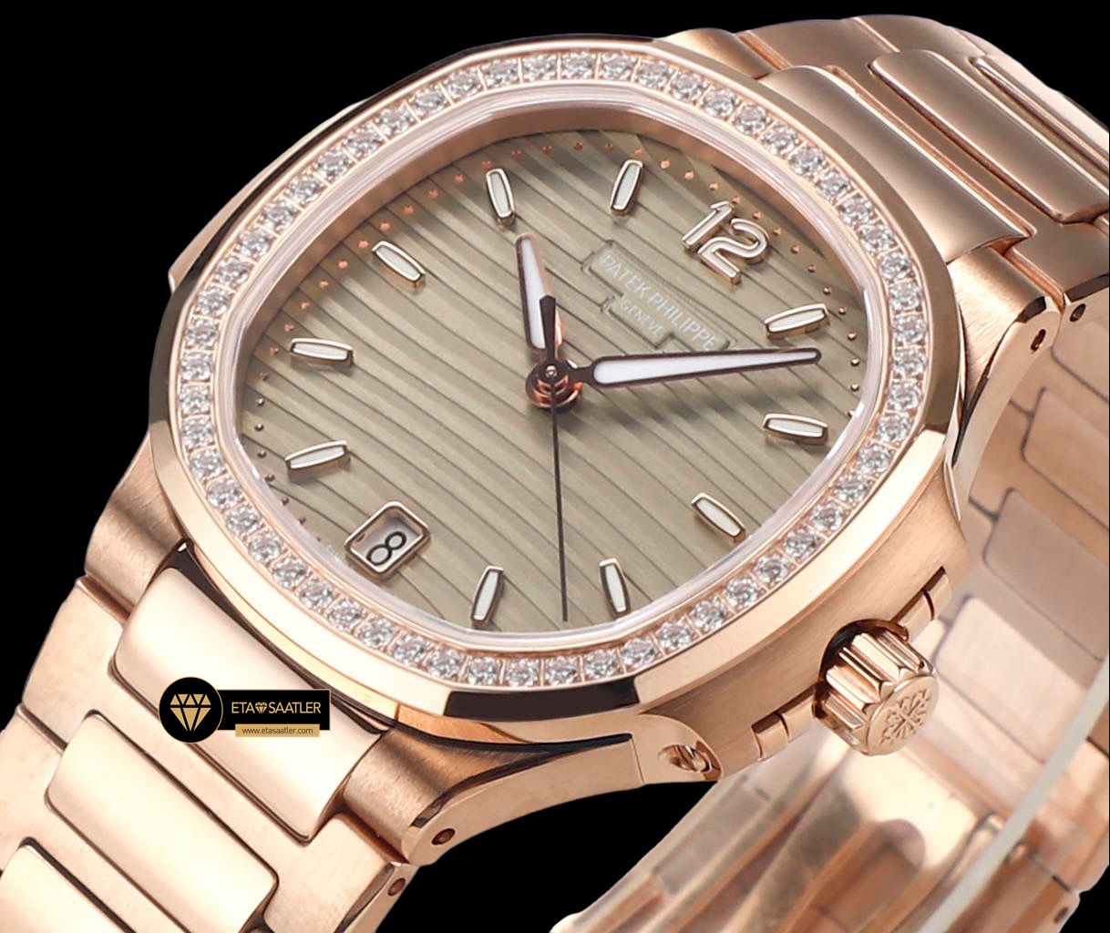 Patek Philippe 7118 Nautilus Kahve Kadran Rose Kasa Full Taş Bezel ETA (2) Patek Philippe 7118 Nautilus Kahve Kadran Rose Kasa Full Taş Bezel ETA