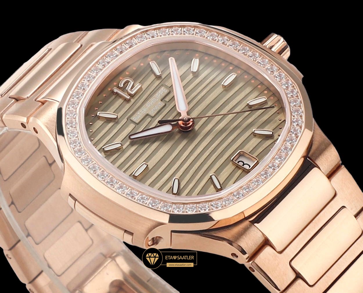 Patek Philippe 7118 Nautilus Kahve Kadran Rose Kasa Full Taş Bezel ETA (4) Patek Philippe 7118 Nautilus Kahve Kadran Rose Kasa Full Taş Bezel ETA