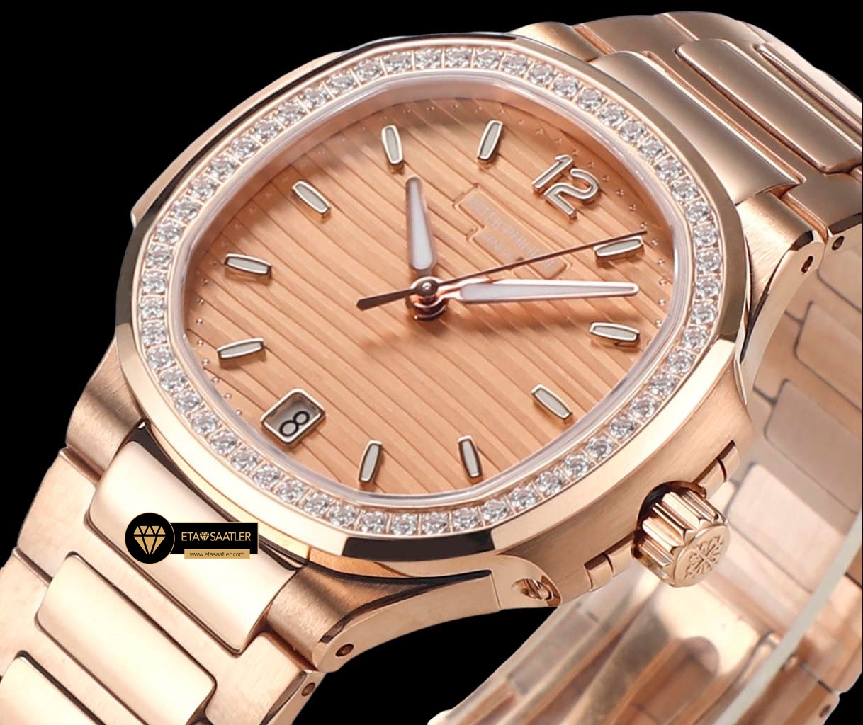 Patek Philippe 7118 Nautilus Pembe Kadran Rose Kasa Full Taş Bezel ETA (2) Patek Philippe 7118 Nautilus Pembe Kadran Rose Kasa Full Taş Bezel ETA