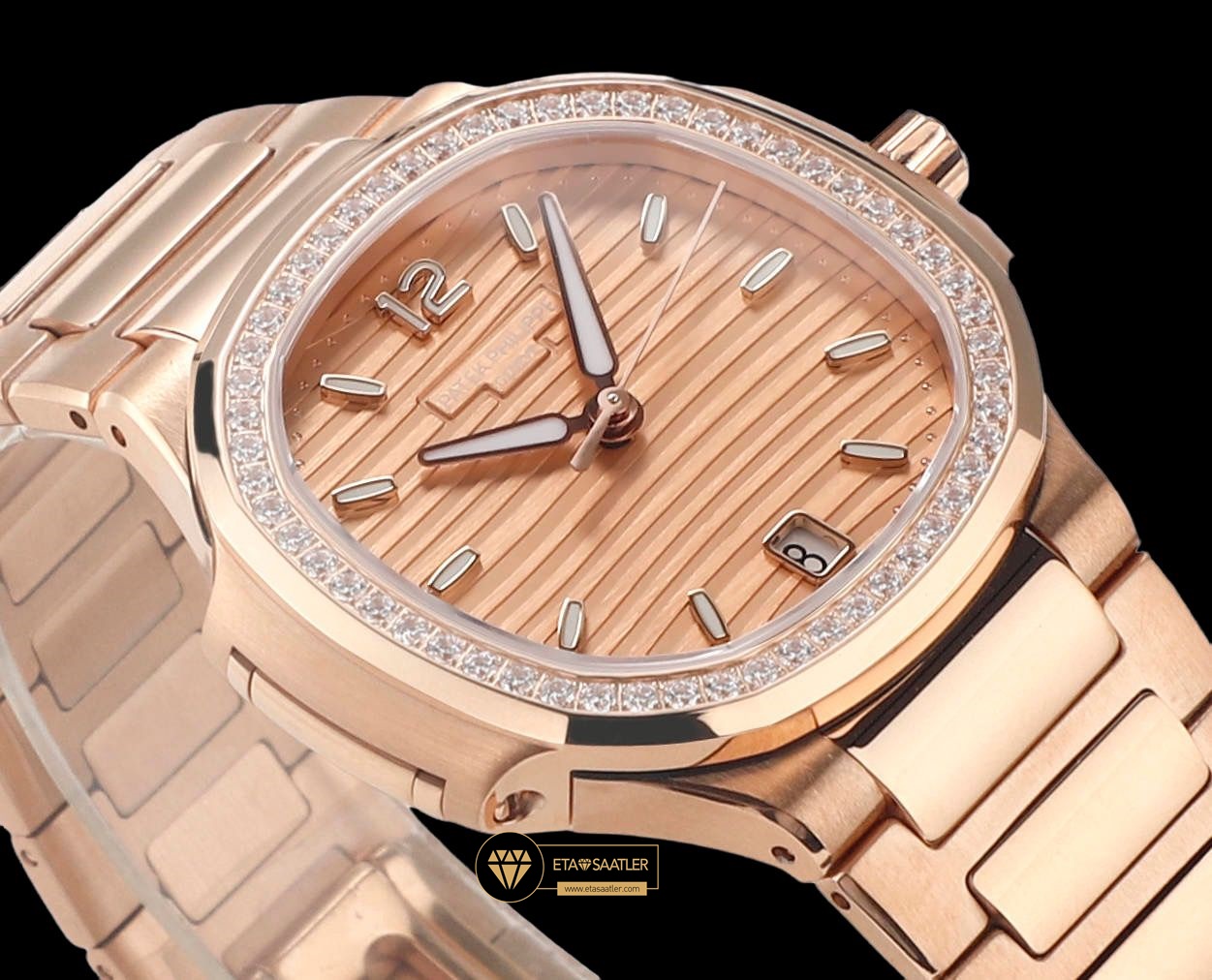 Patek Philippe 7118 Nautilus Pembe Kadran Rose Kasa Full Taş Bezel ETA (4) Patek Philippe 7118 Nautilus Pembe Kadran Rose Kasa Full Taş Bezel ETA