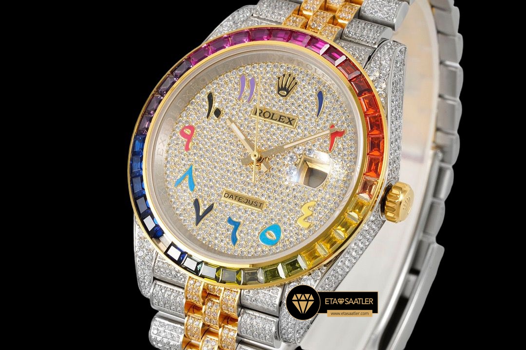 Rolex Datejust 126300 Gökkuşağı Bezel 41mm Taşlı Arap Kadran 3235 ETA (2) Rolex Datejust 126300 Gökkuşağı Bezel 41mm Taşlı Arap Kadran 3235 ETA