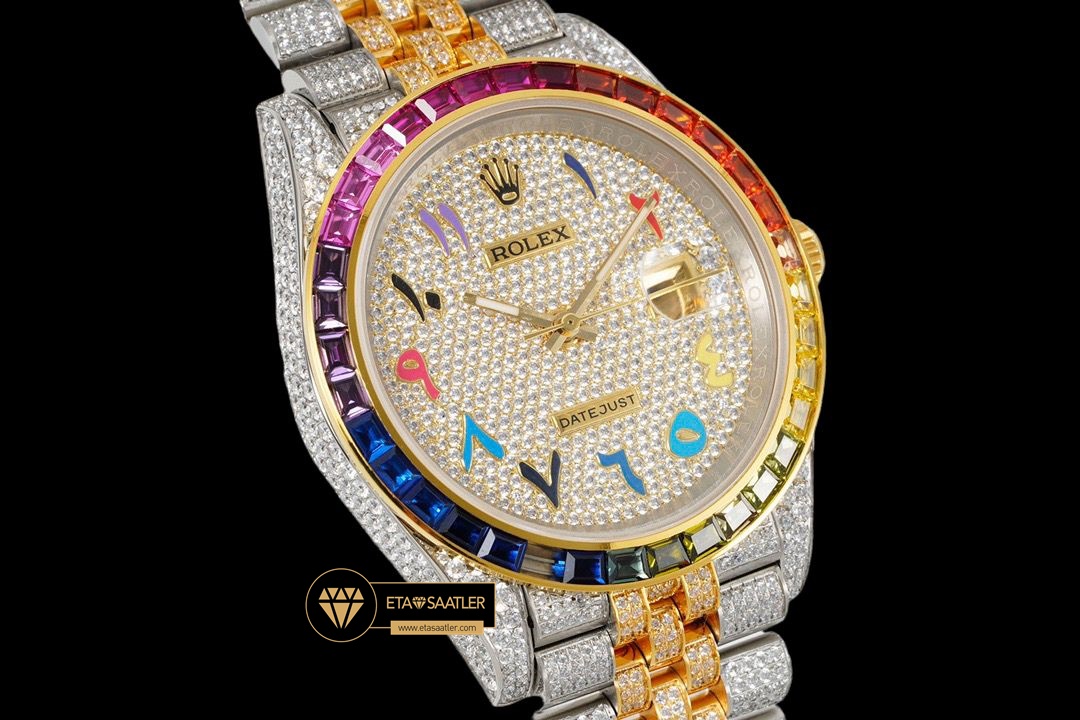 Rolex Datejust 126300 Gökkuşağı Bezel 41mm Taşlı Arap Kadran 3235 ETA (9) Rolex Datejust 126300 Gökkuşağı Bezel 41mm Taşlı Arap Kadran 3235 ETA