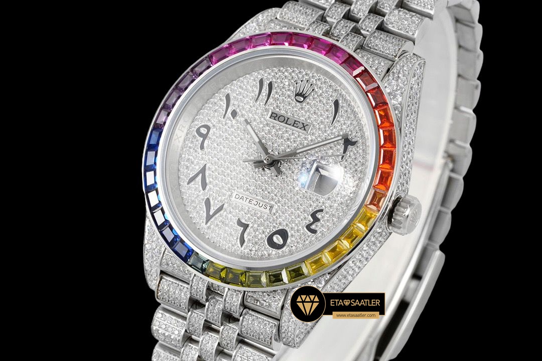 Rolex Datejust 126300 Rainbow Bezel 41mm Arabic Numerals Dial 3235 ETA (3) Rolex Datejust 126300 Rainbow Bezel 41mm Arabic Numerals Dial 3235 ETA