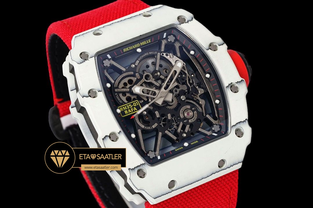 Richard Mille RM35-01 NTPT Beyaz Carbon Kasa Kırmızı Örme Deri Kordon SONIC V2 ETA (2) Richard Mille RM35-01 NTPT Beyaz Carbon Kasa Kırmızı Örme Deri Kordon SONIC V2 ETA