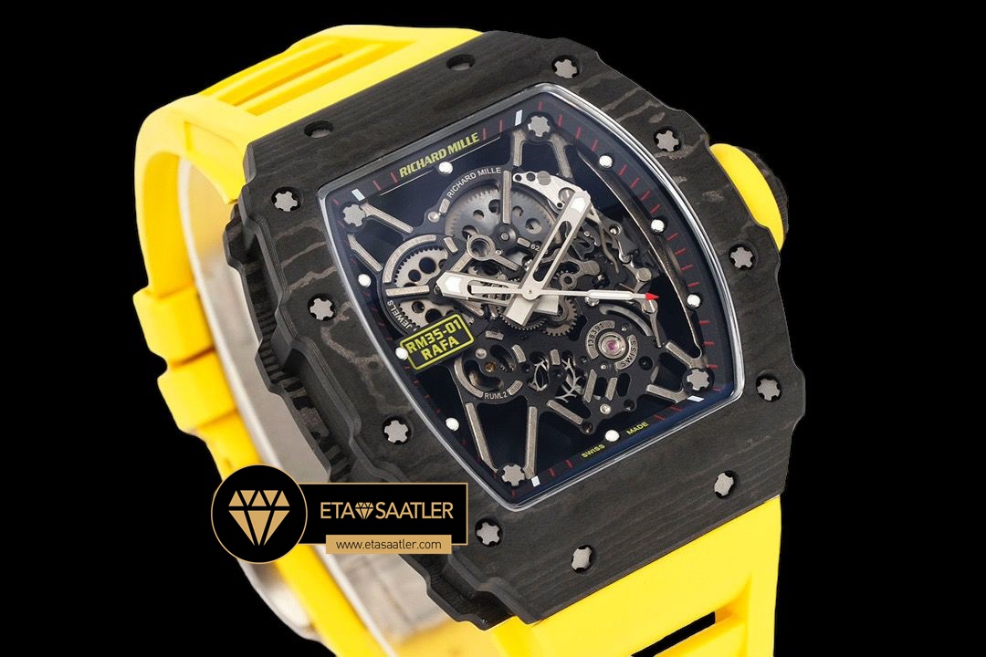 Richard Mille RM35-01 NTPT Carbon Kasa İskelet Kadran Sarı Kauçuk Kordon SONIC V2 ETA (2) Richard Mille RM35-01 NTPT Carbon Kasa İskelet Kadran Sarı Kauçuk Kordon SONIC V2 ETA
