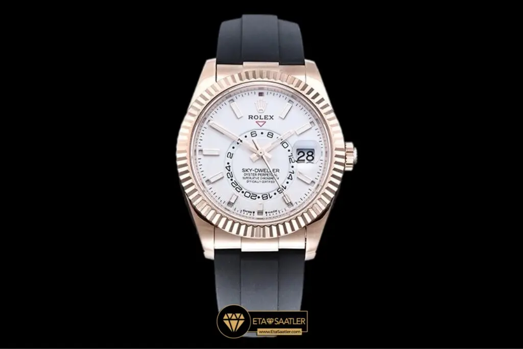 Rolex Sky-Dweller 42mm Oysterflex Everose Gold Kasa Beyaz Kadran Super Clone Eta
