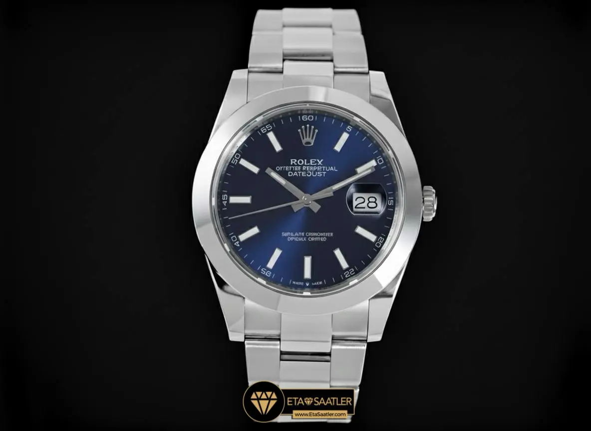 Rolex Datejust 126300 Parlak Mavi Kadran Tırtıksız Bezel Oyster Kordon 41mm Super Clone ETA