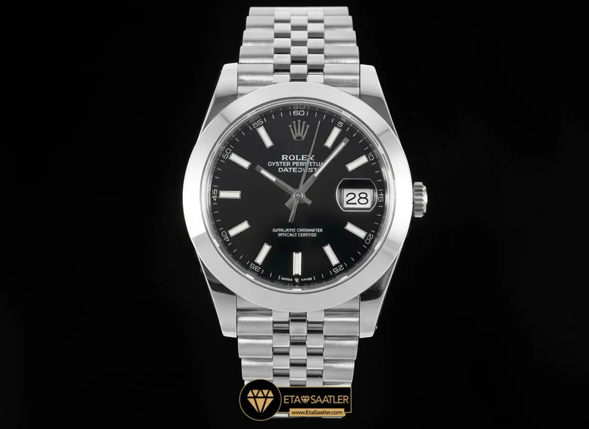 Rolex Datejust 126300 Siyah Kadran Tırtıksız Bezel Jubile Kordon 41mm Super Clone ETA