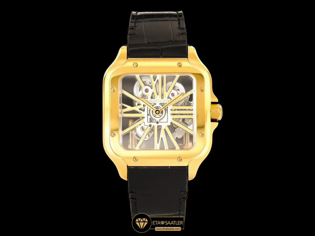 Cartier Santos De Cartier Skeleton Gold Leather Super Clone ETA