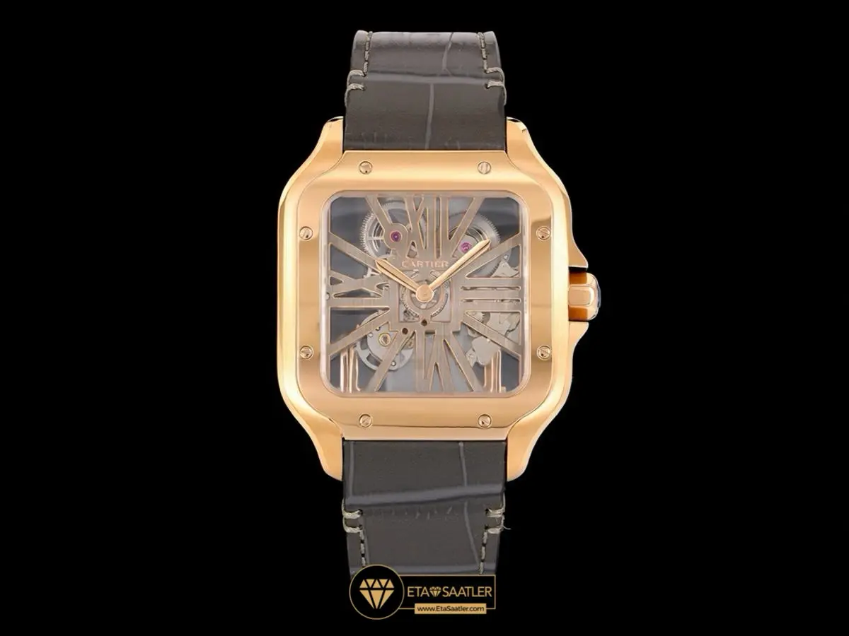 Cartier Santos De Cartier Skeleton Rose Gold Leather Super Clone ETA