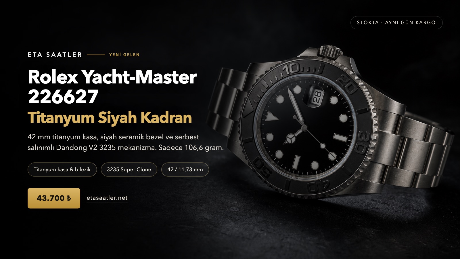 Rolex Yacht-Master 226627 titanyum siyah kadran super clone saat banner görseli