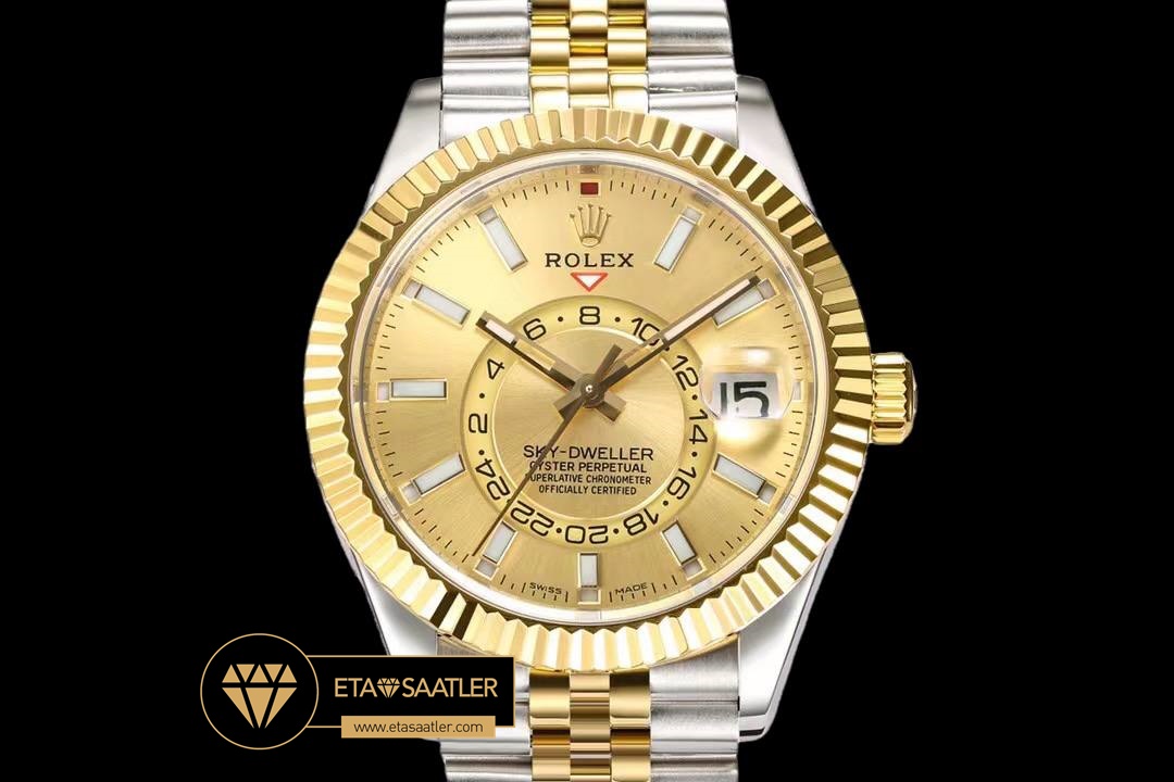 Rolskd022b rolex sky dweller 42mm gold kadran Çift renkli jubile super clone eta (2) 02 Rolex Sky-Dweller 42mm Gold Kadran Çift Renkli Jubile Super Clone ETA